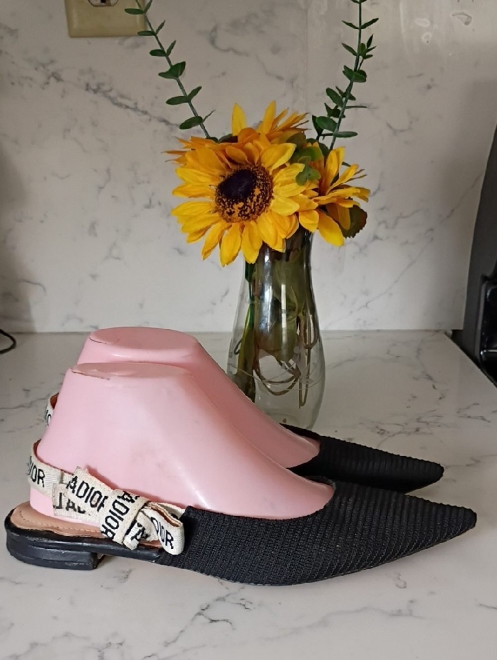 Dior Black Pointed Slingback Mules with Logo Ribbon